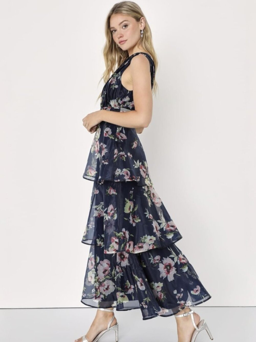 Lulus Molinetto Navy Blue Floral Organza Ruffled Tiered Maxi Dress​ NWT - Picture 4 of 8